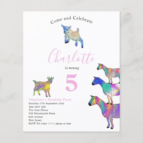 Goats Watercolor Girls Birthday Party Budget Flyer