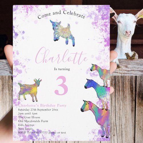 Goats Watercolor Girls Birthday Party Pink Invitation