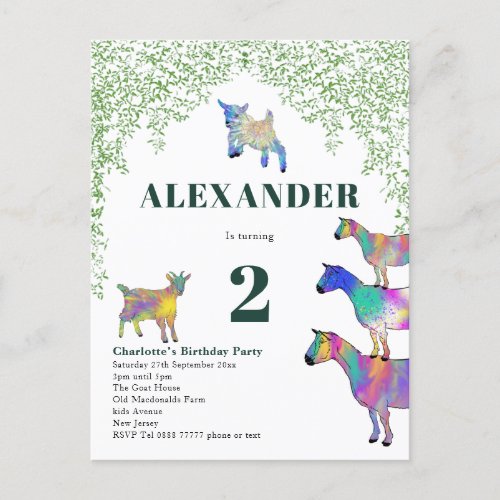 Goats Watercolor Greenery 2nd Birthday Party Invitation Postcard