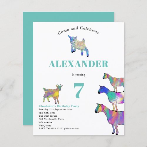 Goats Watercolor Kids Birthday Party Blue