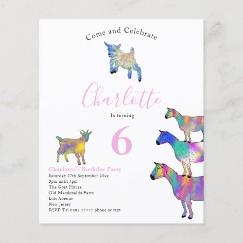 Goats Watercolor Kids Birthday Party Pink Budget Flyer