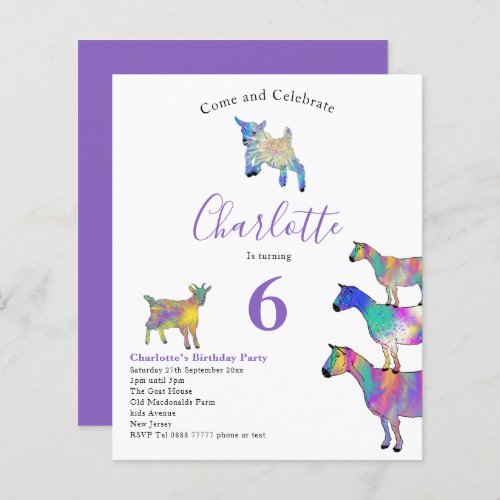 Goats Watercolor Kids Birthday Party Purple