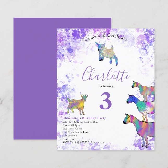 Goats Watercolor Modern Birthday Party Purple (Front/Back)