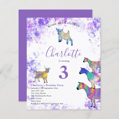 Goats Watercolor Modern Birthday Party Purple