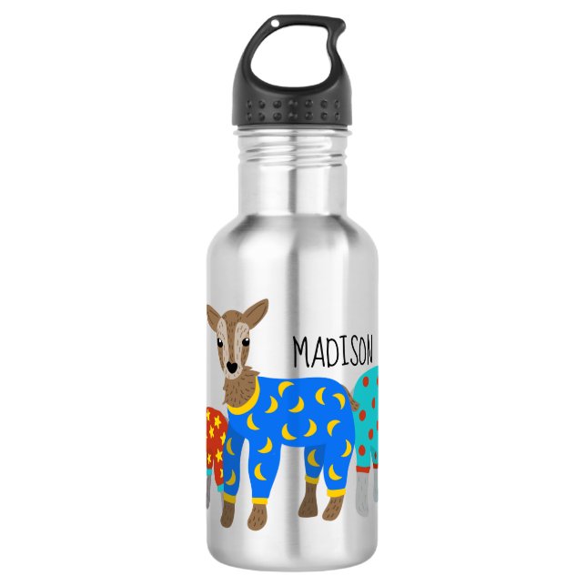 Goats Wearing Pajamas Illustration Personalized Stainless Steel Water Bottle (Front)