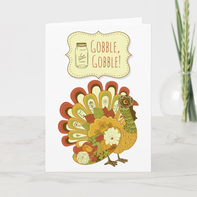 Gobble Gobble Colorful Turkey Happy Thanksgiving Holiday Card (Front)