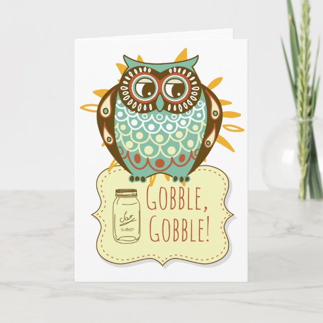 Gobble Gobble Floral Blue Owl Thanksgiving Holiday Card (Front)