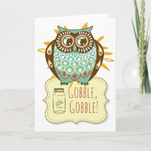 Gobble Gobble Floral Blue Owl Thanksgiving Holiday Card