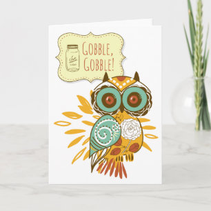 Gobble Gobble Floral Orange Owl Thanksgiving Holiday Card