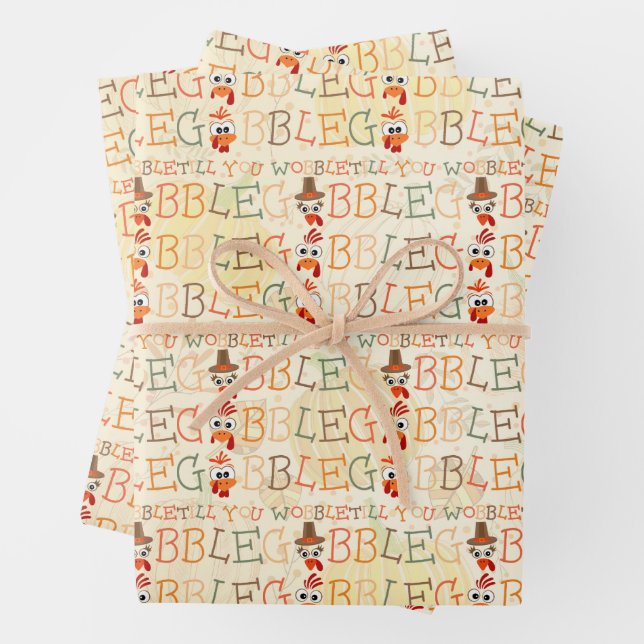 Gobble Gobble Till You Wobble Funny Thanksgiving Wrapping Paper Sheets (In situ)
