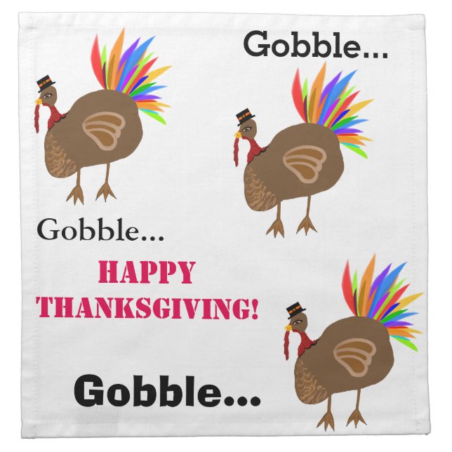 Gobble Gobble Turkey Feathers Thanksgiving Cloth Napkin (Front)