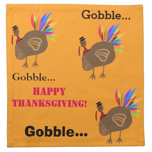 Gobble Gobble Turkey Feathers Thanksgiving Orange Cloth Napkin