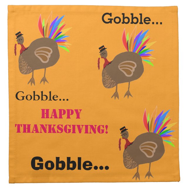 Gobble Gobble Turkey Feathers Thanksgiving Orange Cloth Napkin (Front)