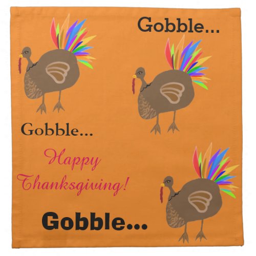 Gobble Gobble Turkey Feathers Thanksgiving Orange Cloth Napkin