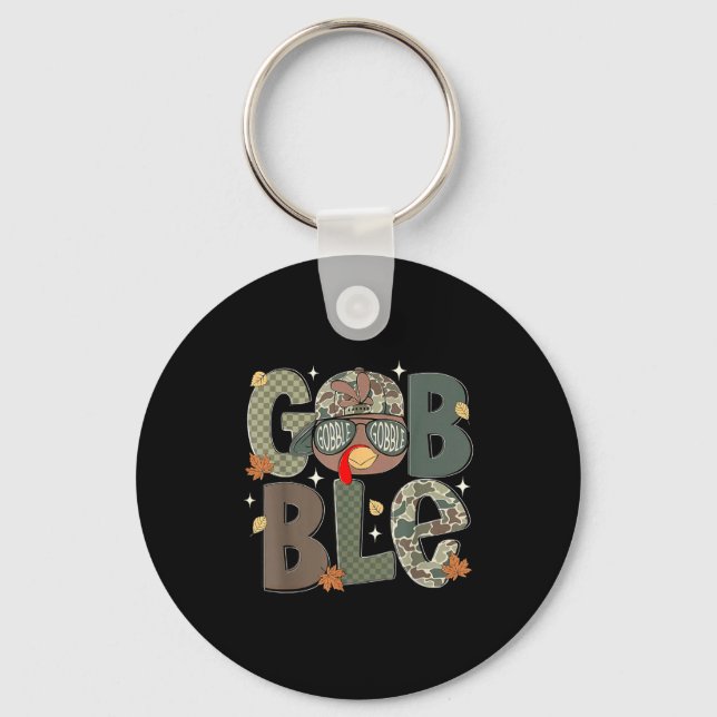 Gobble Turkey Camo Hat Thanksgiving Boys Youth Kid Keychain (Front)