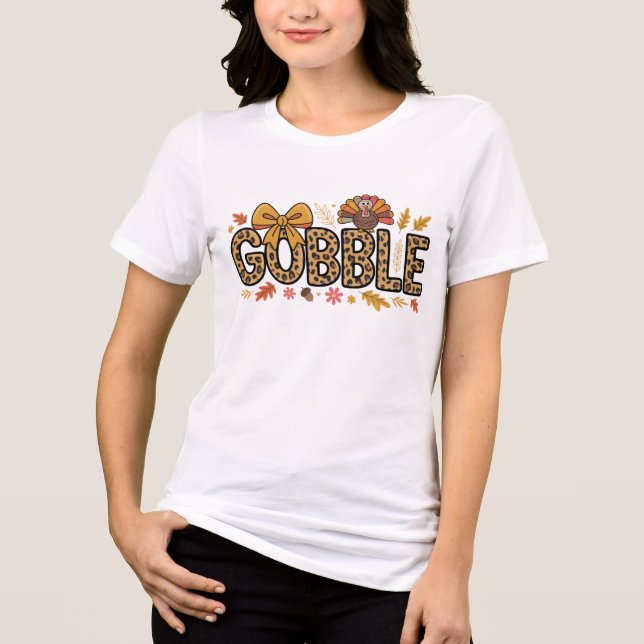Gobble Turkey Thanksgiving Coquette Bow Leopard  Tri-Blend Shirt (Front)