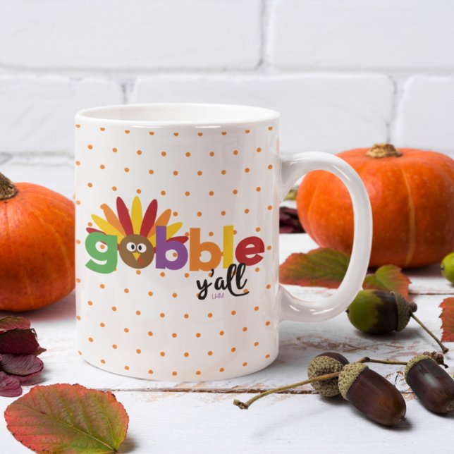 Gobble Y'all Turkey Initial Polka Dot Thanksgiving Coffee Mug (Creator Uploaded)