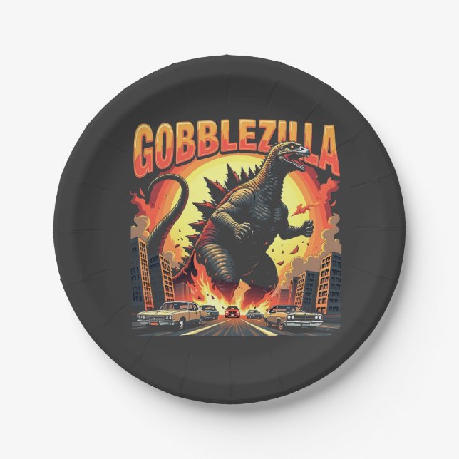 Gobblezilla Spooky Turkey Thanksgiving Gobble Paper Plates (Front)