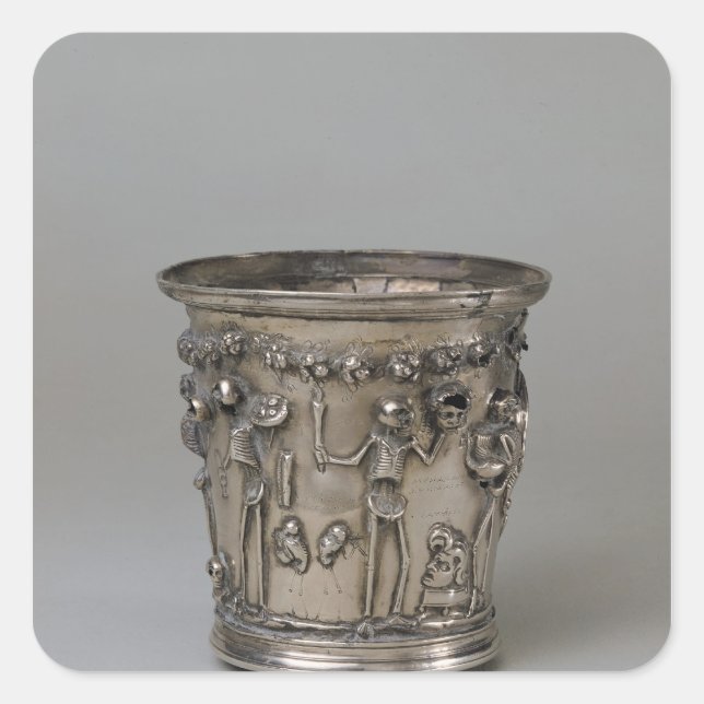 Goblet embossed with skeletons holding masks square sticker (Front)