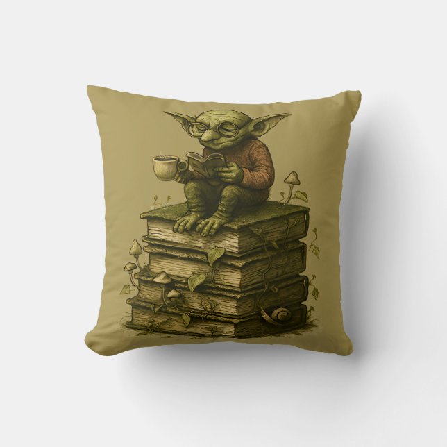 Goblincore Bookworm Mushroom Fantasy Throw Pillow (Front)