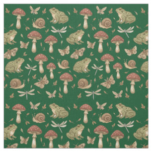 Goblincore Mushroom Frog Snail Dragonfly Pattern Fabric
