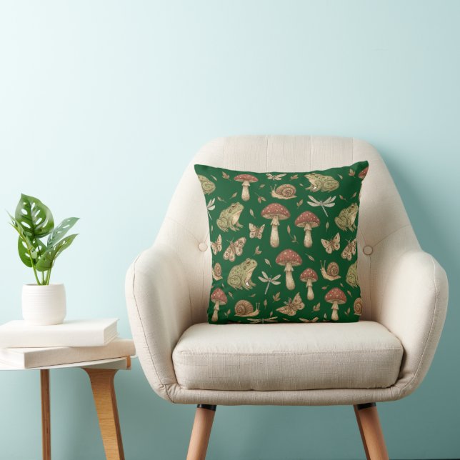 Goblincore Mushroom Frog Snail Dragonfly Pattern Throw Pillow (Chair)