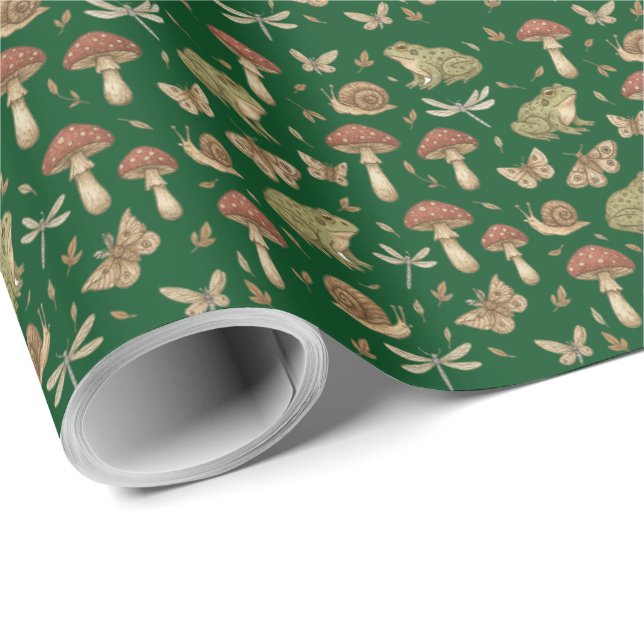 Goblincore Mushroom Frog Snail Dragonfly Pattern Wrapping Paper (Roll Corner)