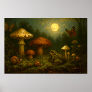 Goblincore Mushrooms, Snails & Frog In Moonlight Poster