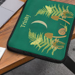 Goblincore Snail and Mushrooms Personalized Laptop Sleeve<br><div class="desc">My illustrations depict a natural world with some dark undertones. A crescent moon hangs in the sky above a scene of green ferns, yellow moths, brown mushrooms and a green and brown snail all set against a painted dark teal colored background. This laptop sleeve is ready to be personalized with...</div>