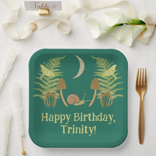 Goblincore Snail and Mushrooms Personalized Paper Plates (Wedding)