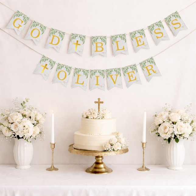 God Bless 6 Letters Foliage Gold Baptism Communion Bunting Flags (Creator Uploaded)