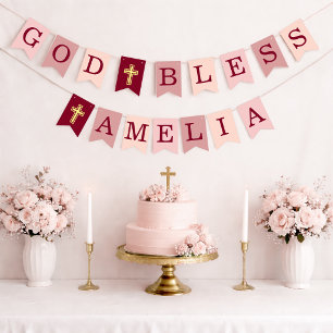 God Bless 6 Letters Girl Pink Baptism Confirmation Bunting Flags