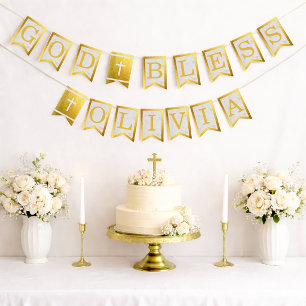 God Bless 6 Letters Gold Marble Baptism Communion Bunting Flags