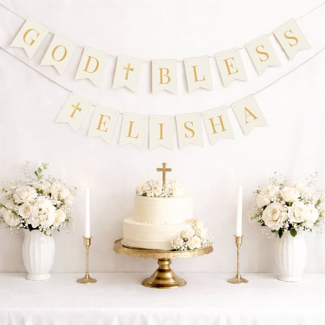 God Bless 6 Letters Ivory & Gold Baptism Communion Bunting Flags (Creator Uploaded)