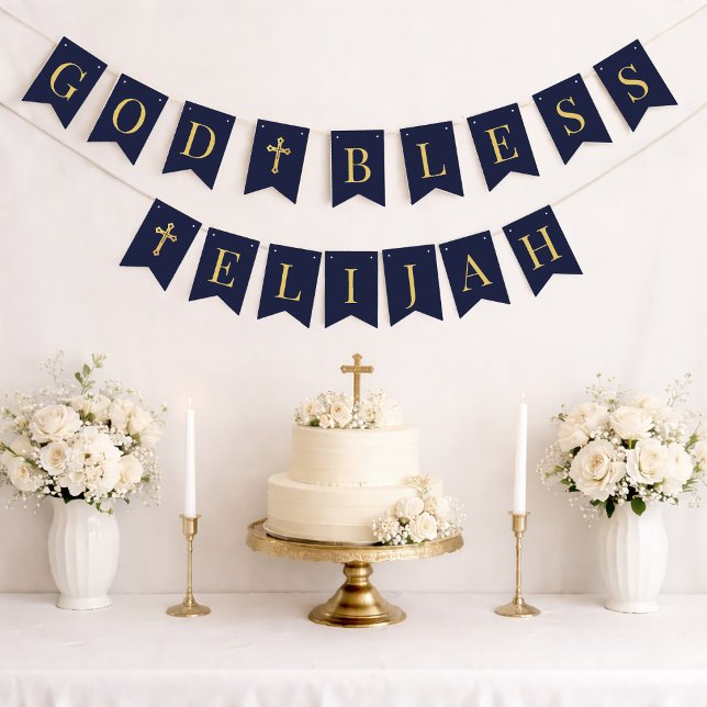 God Bless 6 Letters Navy & Gold Baptism Communion Bunting Flags (Creator Uploaded)