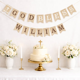 God Bless 7 Letters Brown Wood Baptism Communion Bunting Flags