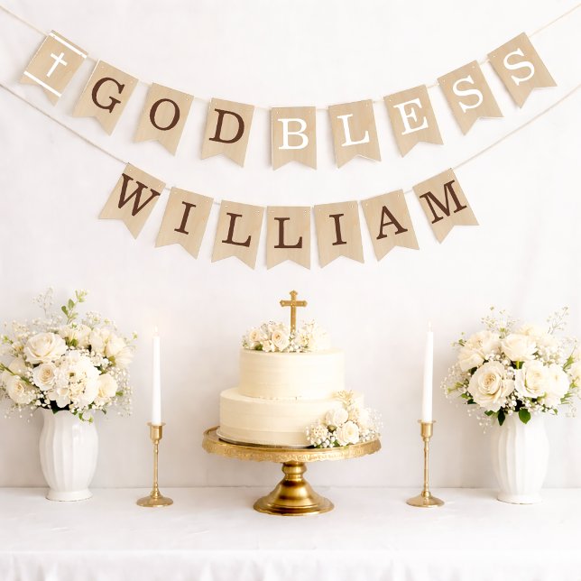 God Bless 7 Letters Brown Wood Baptism Communion Bunting Flags (Creator Uploaded)