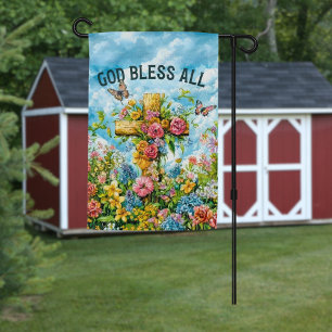 God Bless All Floral Cross Butterfly Wildflower Garden Flag