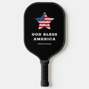 God Bless America American Flag Star and Name Pickleball Paddle