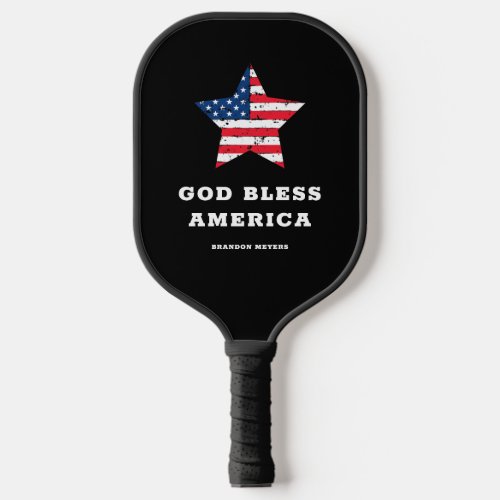 God Bless America  American Flag Star and Name Pickleball Paddle