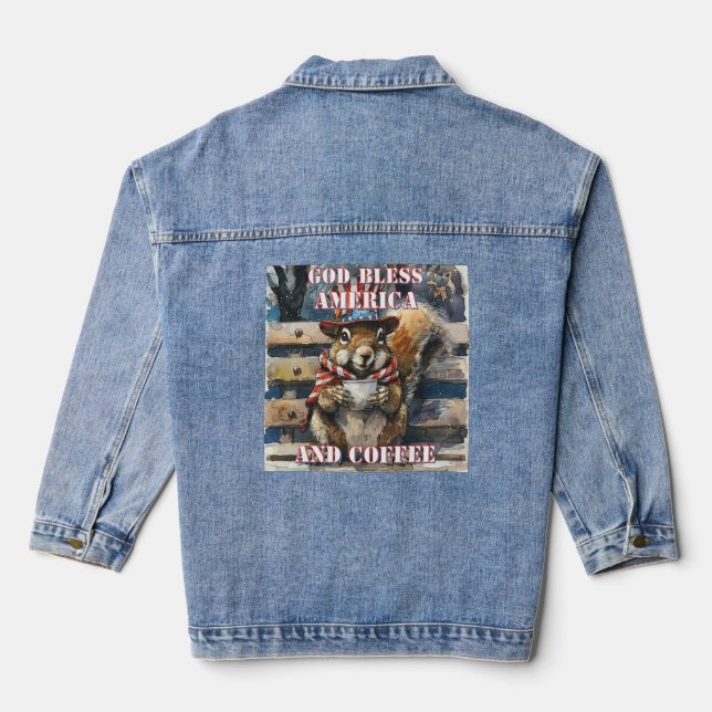 GOD BLESS AMERICA AND COFFEE Cute Squirrel Denim Jacket (Back)