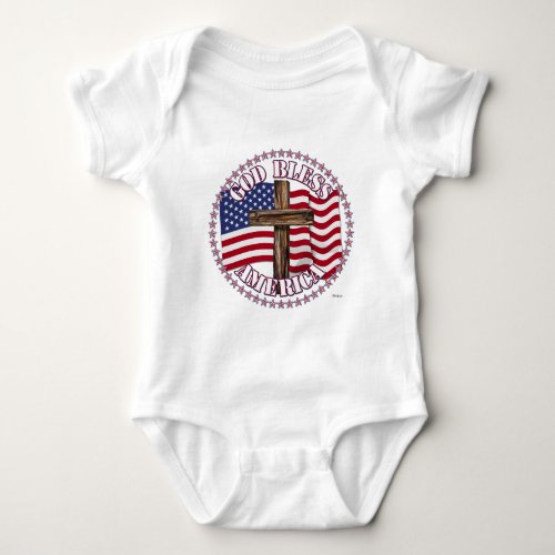 God Bless America and Cross With USA Flag 50 Stars Baby Bodysuit