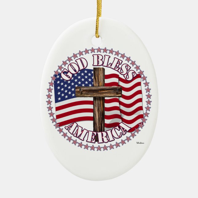 God Bless America and Cross With USA Flag 50 Stars Ceramic Ornament (Front)