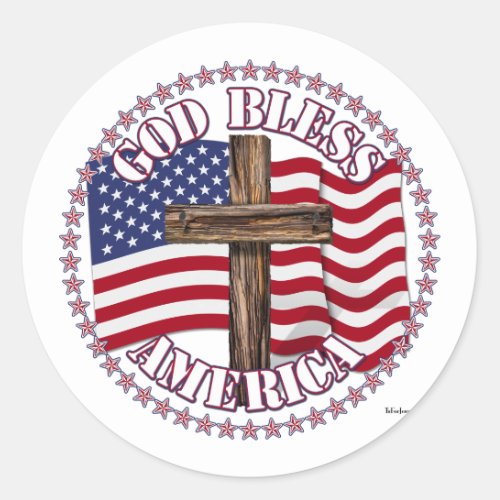 God Bless America and Cross With USA Flag 50 Stars Classic Round Sticker