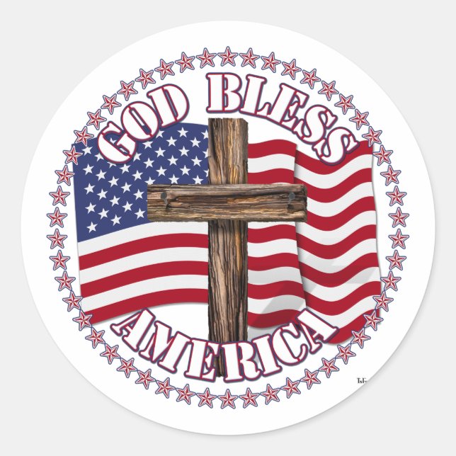 God Bless America and Cross With USA Flag 50 Stars Classic Round Sticker (Front)