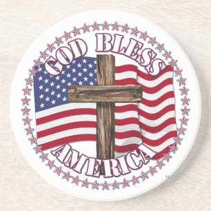God Bless America and Cross With USA Flag 50 Stars Drink Coaster