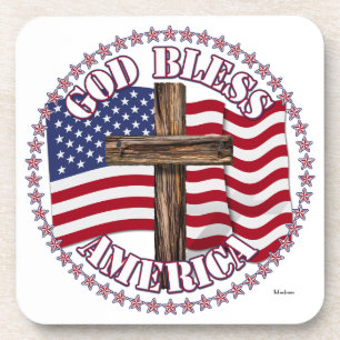 God Bless America and Cross With USA Flag 50 Stars Drink Coaster