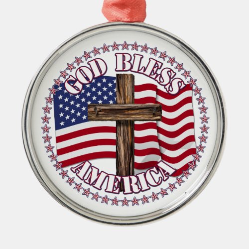 God Bless America and Cross With USA Flag 50 Stars Metal Ornament