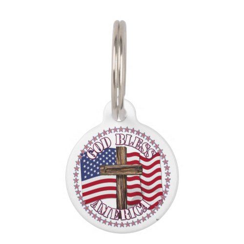 God Bless America and Cross With USA Flag 50 Stars Pet Tag