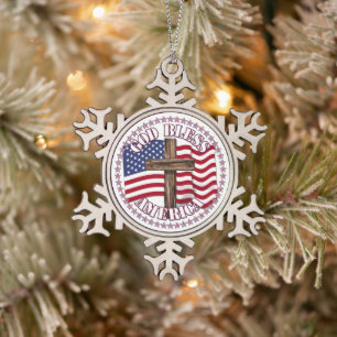 God Bless America and Cross With USA Flag 50 Stars Snowflake Pewter Christmas Ornament